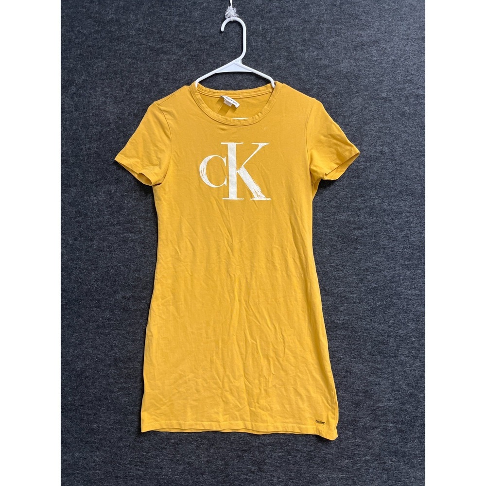 Calvin Klein T Shirt Dress Women Medium Mustard Yellow Logo Casual Everyday Wear